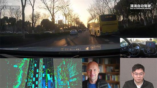 滴滴自动驾驶COO孟醒（右下）与Udacity创始人兼董事长Sebastian Thrun讨论落日场景； 图片左上为车内摄像头视角；左下为激光雷达视角；右中为驾驶舱情况。? 本文图均为?滴滴供图